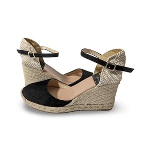 Gaimo Black Global Espadrille Wedge Suede Sandal Ankle Strap Boho Sz 40 US 9/9.5